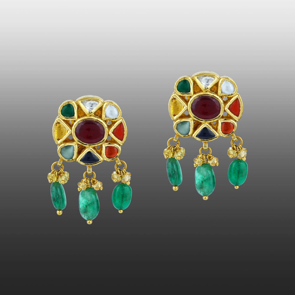 Floral Navratna Earrings with Multi-coloured Gemstones and Emerald Drops